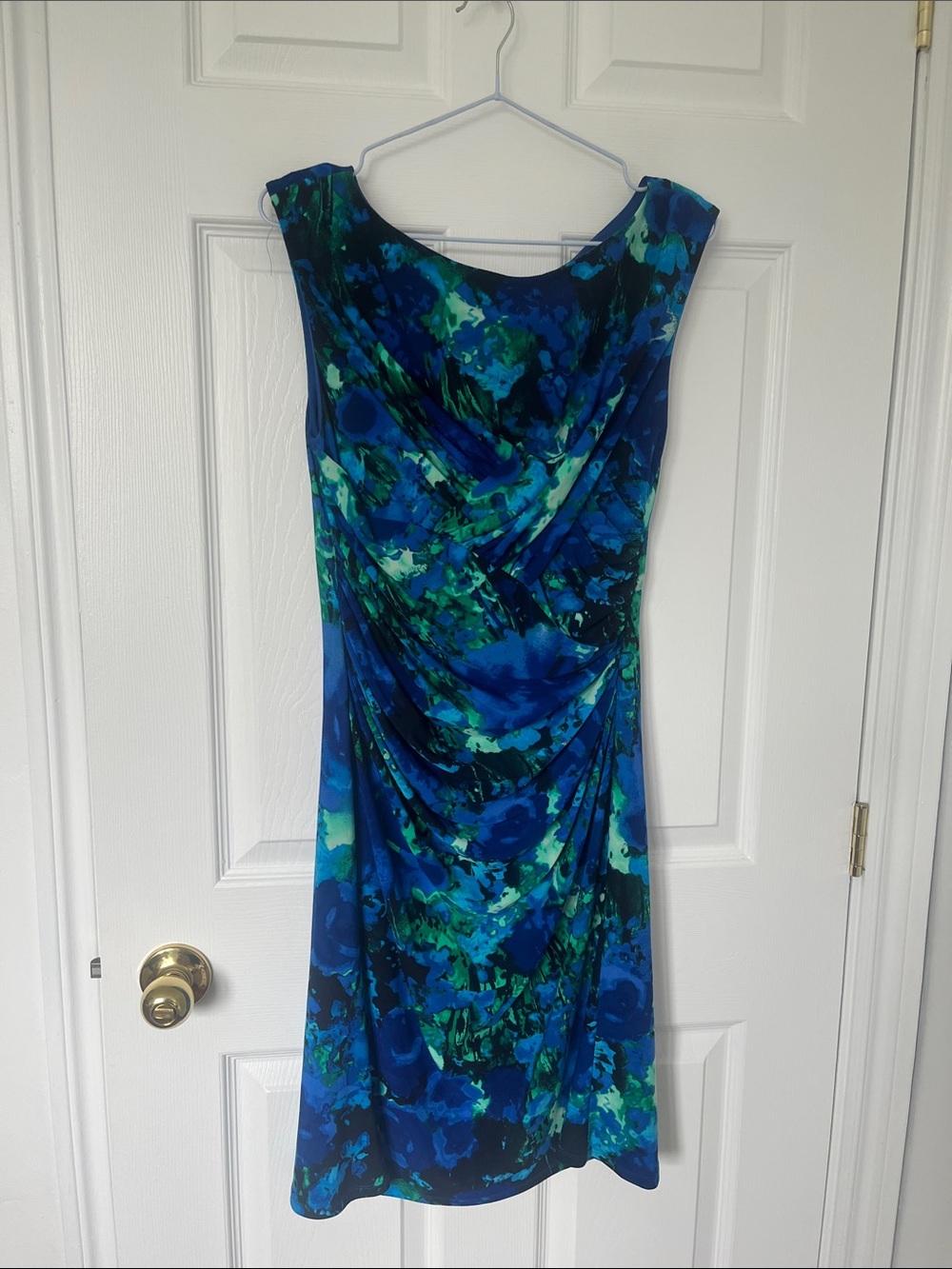 Evan Picone Blue and Teal Floral Midi Sheath Dress